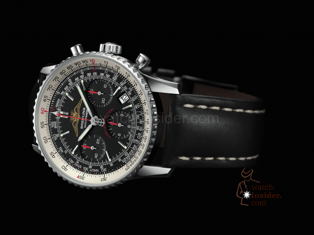 The 2015 Breitling Navitimer AOPA, a reinterpretation of the historical model and a 500-piece limited series, also bears the logo with its small curved wings on its black dial, as well as on its engraved case back.