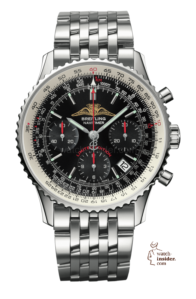The 2015 Breitling Navitimer AOPA, a reinterpretation of the historical model and a 500-piece limited series, also bears the logo with its small curved wings on its black dial, as well as on its engraved case back.